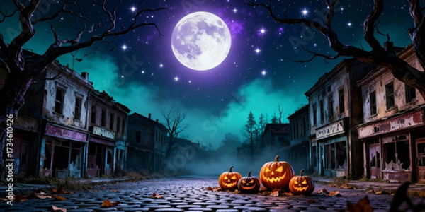 Fototapeta Eerie Halloween Scene with Jack O Lanterns Under a Large Moon in a Ghost Town