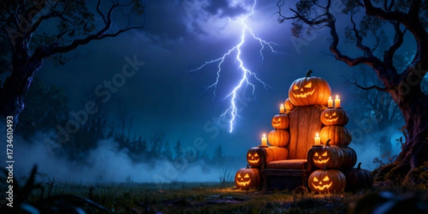 Fototapeta Eerie Halloween Throne Made of Jack O Lanterns with Lightning Strikes in a Dark Atmospheric Night