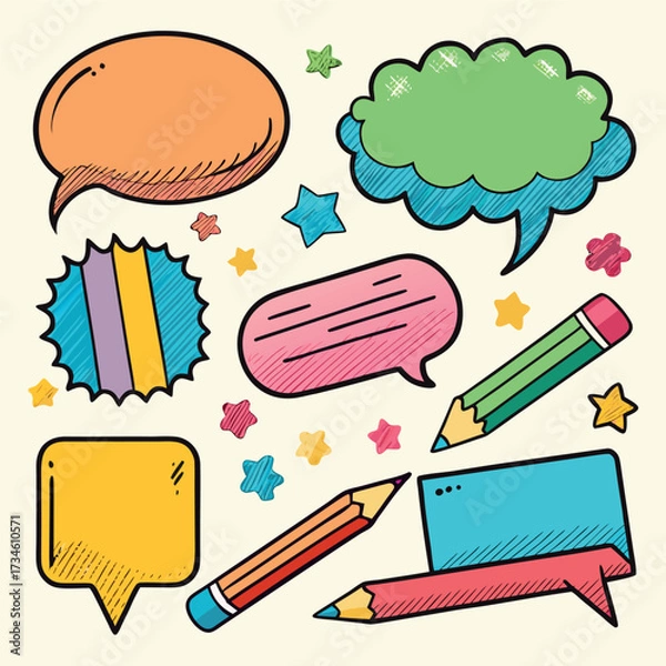 Fototapeta Colorful doodle illustration with pencils, speech bubbles, stars, and sketchy hand-drawn style