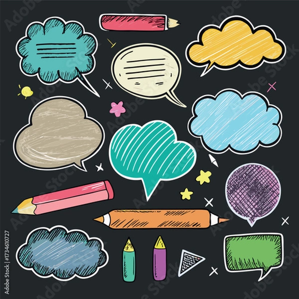 Fototapeta Colorful doodle illustration with pencils, speech bubbles, stars, and sketchy hand-drawn style