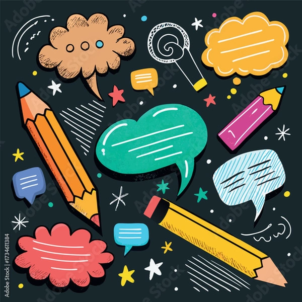 Fototapeta Colorful doodle illustration with pencils, speech bubbles, stars, and sketchy hand-drawn style