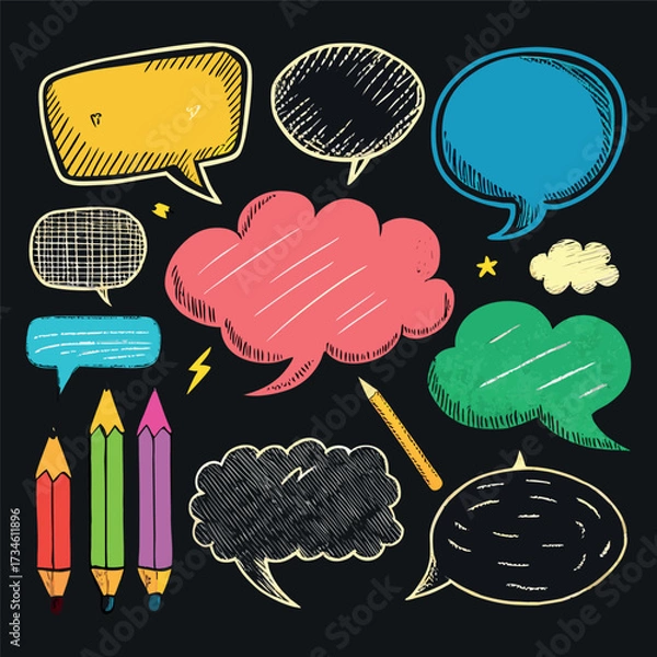 Fototapeta Colorful doodle illustration with pencils, speech bubbles, stars, and sketchy hand-drawn style