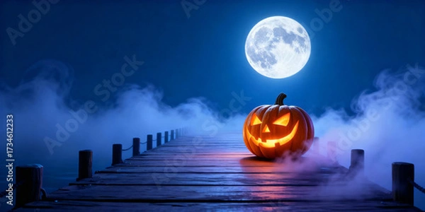Fototapeta Glowing Jack O Lantern on Wooden Dock under Full Moon in Nighttime Scenery