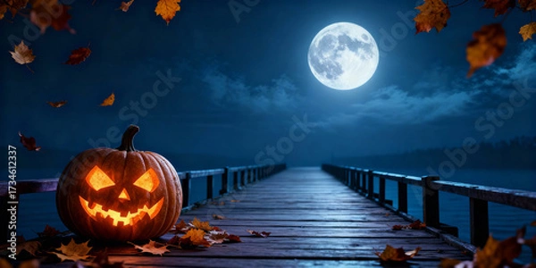 Fototapeta Glowing Jack O Lantern on Wooden Pier under a Full Moon Night with Autumn Leaves