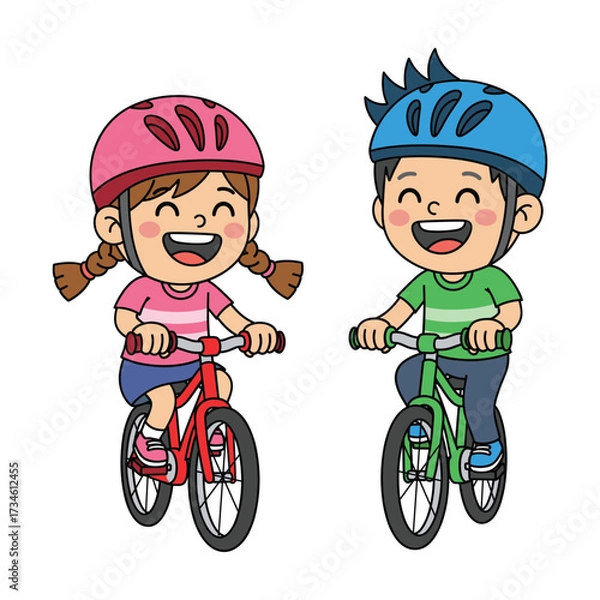 Obraz Happy cartoon children riding bicycles wearing helmets for safety and fun