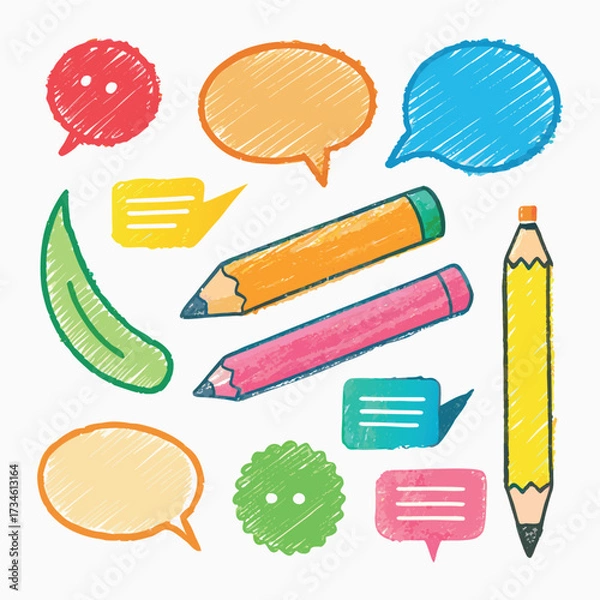 Fototapeta Colorful doodle illustration with pencils, speech bubbles, stars, and sketchy hand-drawn style