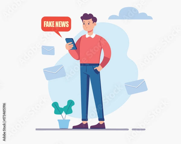Fototapeta Flat Vector Illustration of a business man with briefcase and  of Man Reading Fake News on Smartphone.