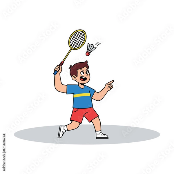 Fototapeta Young boy playing badminton, hitting shuttlecock with racket, active lifestyle illustration
