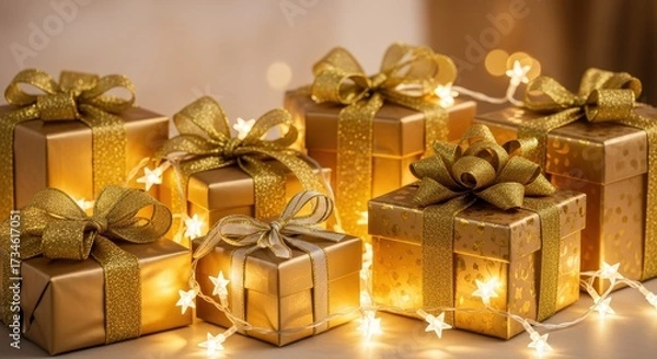 Fototapeta Golden Gifts of Joy: Presents, meticulously wrapped in shimmering gold paper and adorned with luxurious bows, rest beneath the gentle glow of twinkling fairy lights.