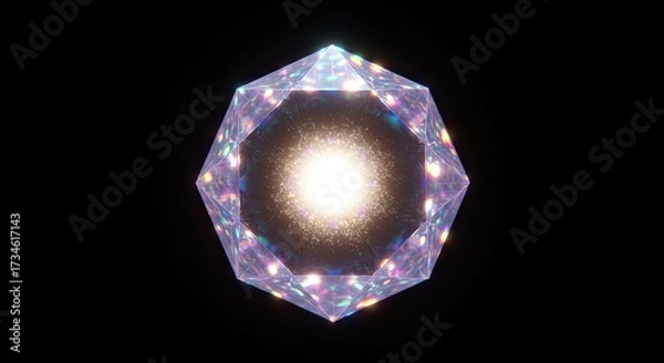 Fototapeta Iridescent 3D hexagon floating with bright, glowing reflections 