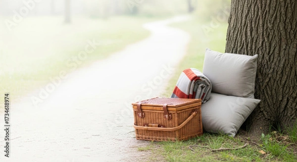 Fototapeta An inviting autumn picnic arrangement featuring a wicker basket, striped blanket, and gray pillows leaning against a tree trunk beside a winding path in a green park, evoking serenity and relaxation.