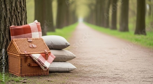 Fototapeta A classic wicker picnic basket with a checked blanket and stack of pillows rests against a tree trunk on a long, blurred autumn park path, conveying a cozy, relaxing outdoor atmosphere.