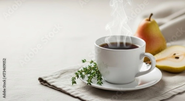 Fototapeta A serene autumn picnic scene featuring a steaming cup of coffee, a sliced pear, and fresh thyme on a rustic tablecloth, exuding warmth and cozy vibes.
