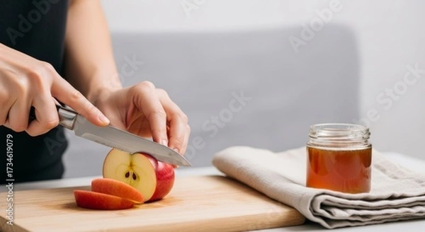 Fototapeta Close-up of hands slicing a red apple on a wooden board next to a jar of honey, preparing a fresh, healthy, and cozy autumn picnic snack.
