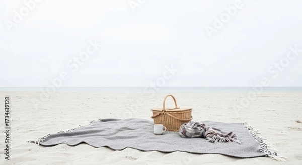 Fototapeta A peaceful autumn picnic setup on a sandy beach featuring a wicker basket, gray blanket, white mug, and scarf, evoking a serene, coastal relaxation vibe under an overcast sky.