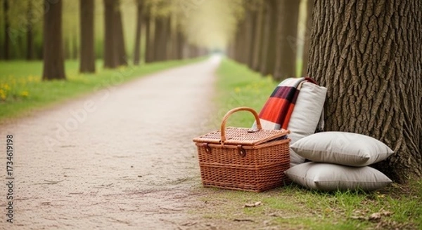 Fototapeta Cozy autumn picnic scene with wicker basket, colorful blanket, and cushions by tree trunk. Peaceful park alley setting for fall outdoor relaxation.