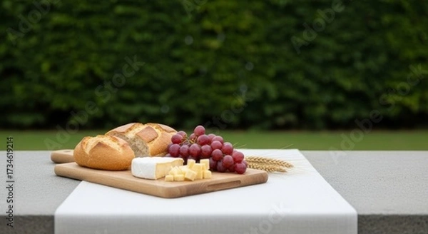 Fototapeta Fresh bread, cheese, and grapes on a wooden board arranged for an autumn picnic outdoors, creating a rustic and cozy dining atmosphere.