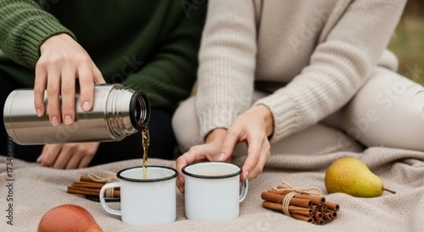 Fototapeta Two people enjoying an autumn picnic with hot drink poured from thermos into enamel mugs on a cozy blanket.