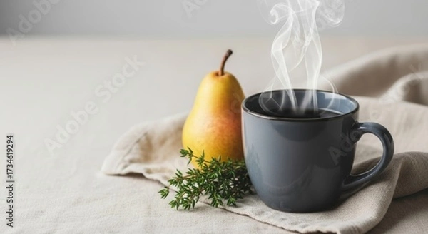Fototapeta A dark gray mug of steaming hot coffee or tea sits beside a yellow pear and fresh thyme on linen fabric, suggesting a warm and cozy start to an autumn picnic or day.