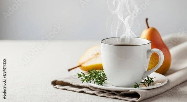 Fototapeta A steaming white cup of hot tea or coffee with fresh pears and thyme on a linen napkin. A cozy, warm, and minimalist still life perfect for an autumn picnic concept.