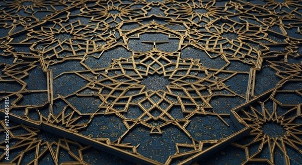 Fototapeta Islamic geometric pattern intricate star and polygon shapes rich blue and gold complex symmetry. 