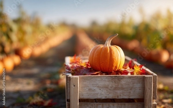 Fototapeta Bright orange pumpkin resting on rustic wooden crate surrounded by autumn leaves at a pumpkin patch