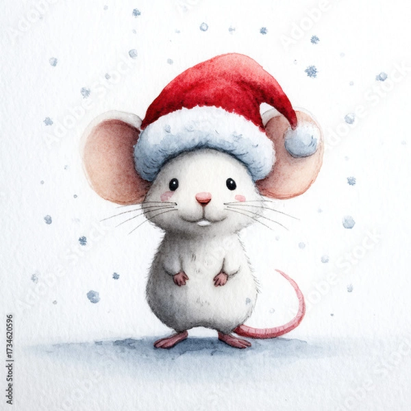 Obraz Adorable watercolor cartoon mouse wearing festive red santa hat standing on white background with delicate snowflakes soft pastel colors childlike illustration centered