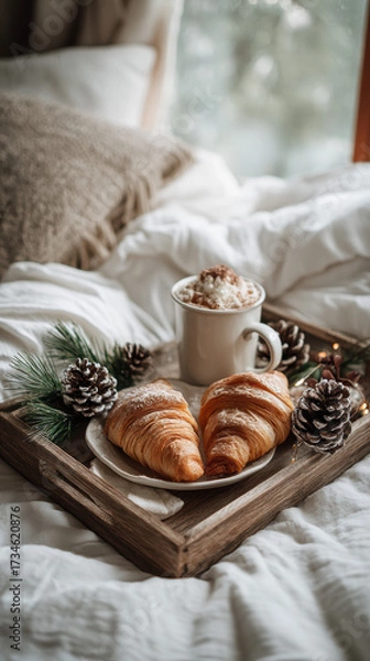 Obraz Tray with christmas breakfast in bed featuring croissants, hot cocoa and pinecone decoration on cozy white bedding in natural morning light