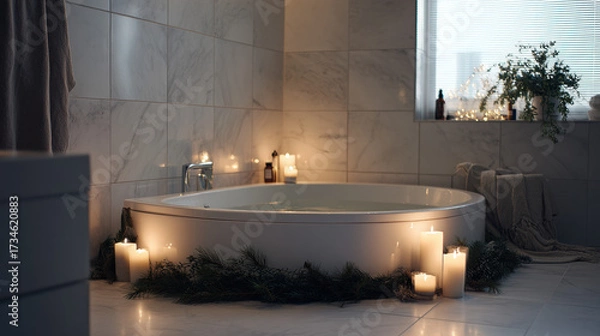 Obraz Minimalist bathroom with round tub surrounded by candles and pine branches in soft cozy lighting