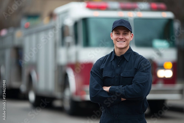 Fototapeta Portrait of Firefighter in Uniform Smiling