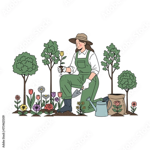Fototapeta Woman gardener planting a yellow tulip in a vibrant garden with flowers and trees