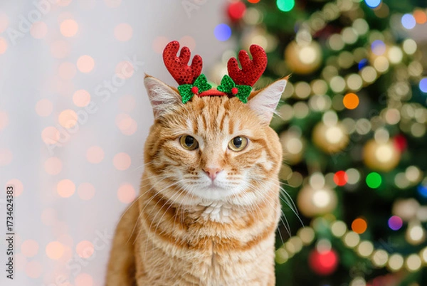 Fototapeta A sad ginger cat with a Christmas decoration on its head looks at the camera on a blurred festive background with a Christmas tree. Holiday burnout or christmas stress