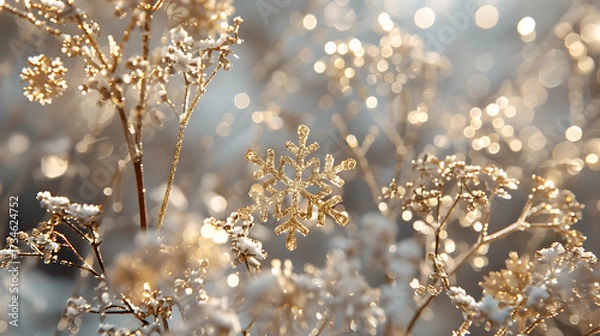 Fototapeta Golden Snowflakes, Frosted Pines, and Glowing Decorations Welcoming a Merry Christmas and a Joyful New Year. Happy new year