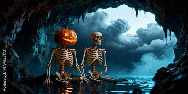 Fototapeta Two Skeletons One With Pumpkin Head Sitting in Cave Waters Under Dramatic Blue Skies