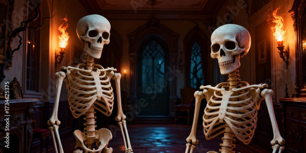 Fototapeta Two Skeletons in Dark Gothic Room with Candles and Ornate Furniture with Lit Torches Dark Atmosphere
