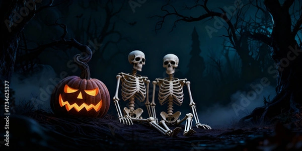 Fototapeta Two Skeletons Sit Beside A Jack O'Lantern in Dark Pixelated Halloween Scene