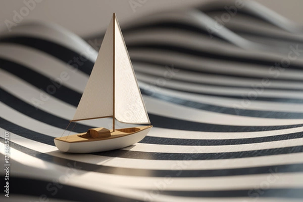 Fototapeta sailboat model navigating stylized black and white  waves