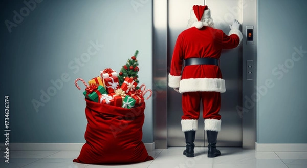 Fototapeta Santa Claus with Big Red Sack of Gifts Pressing Elevator Button – Merry Christmas Theme