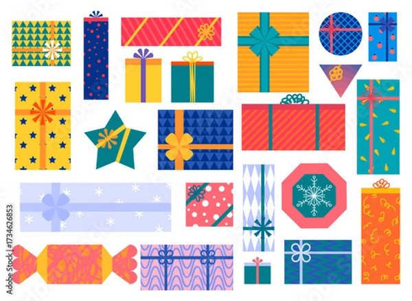Fototapeta Cartoon Color Different Christmas Gift Boxes Set Xmas Celebration Concept Flat Design Style. Vector illustration of Present