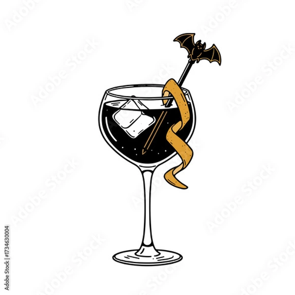 Obraz Elegant cocktail with ice, orange twist, and bat garnish for upscale adult Halloween parties