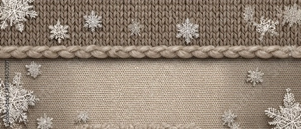 Fototapeta This cozy winter banner features a knitted texture border adorned with delicate snowflakes and stars, creating a festive and warm atmosphere.