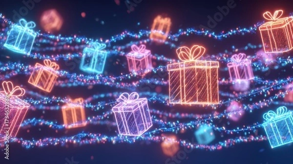 Fototapeta A festive arrangement of various gift boxes hanging on a string of twinkling lights, creating a charming Christmas shopping promotion background.