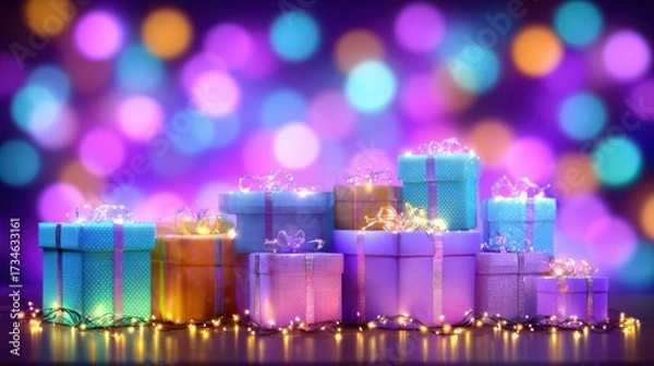 Fototapeta A festive Christmas shopping promotion background featuring beautifully decorated gift boxes illuminated by twinkling lights and bokeh light effects.