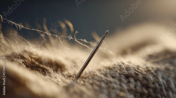 Fototapeta Needle in knitted fabric closeup