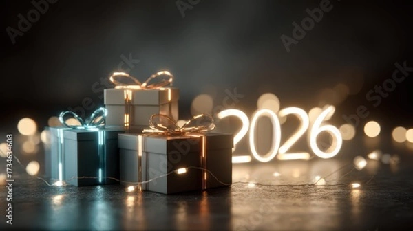 Fototapeta A festive Christmas shopping promotion background with decorated gift boxes illuminated by a number of lights.