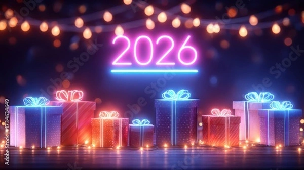 Fototapeta A festive Christmas shopping promotion background decorated with a number of presents wrapped in colorful paper and ribbons, glowing lights, and a neon sign that reads 2020.