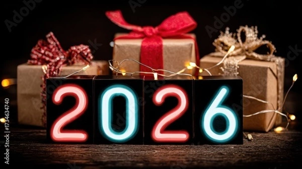Fototapeta A collection of 2020 numbers and a festive gift box adorned with a red bow, perfect for Christmas shopping promotions and background decorations.