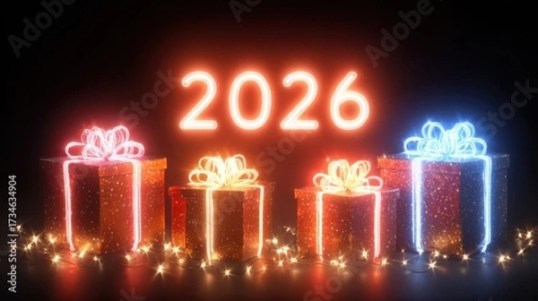 Fototapeta Three beautifully wrapped presents adorned with glowing numbers and twinkling lights, creating a festive and whimsical atmosphere for Christmas shopping promotions.