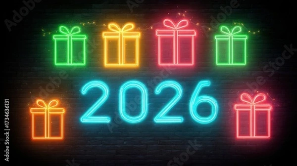 Fototapeta A festive neon sign that reads 'happy new year' surrounded by beautifully decorated gift boxes and the numbers 2020. Perfect for celebrating the new year and spreading joy.