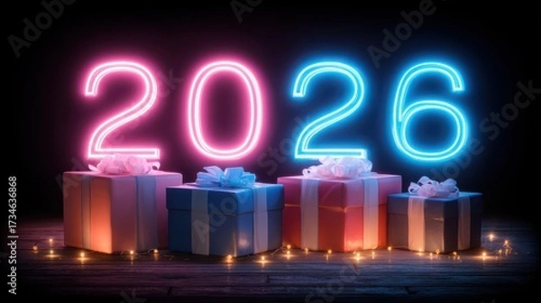 Fototapeta A festive Christmas shopping promotion background filled with beautifully decorated gift boxes. The presents are adorned with glowing numbers, adding a touch of magic to the scene.